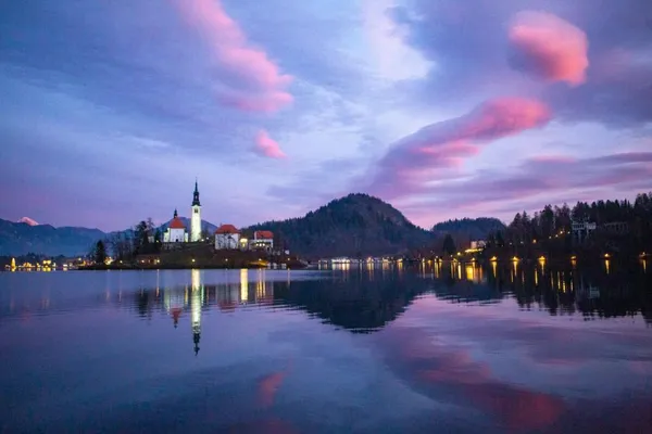 Pink sky over Lake Bled